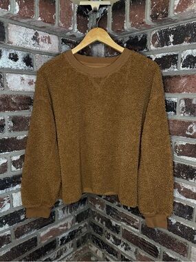 AE American Eagle Sherpa Teddy Fleece Crewneck Sweatshirt Sweater MEDIUM Brown